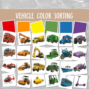 Activité de tri des couleurs de véhicules pour les enfants d'âge préscolaire - 44 cartes imprimables - Jeu sur le thème des transports - Reconnaissance des couleurs pour les tout-petits - Téléchargement immédiat