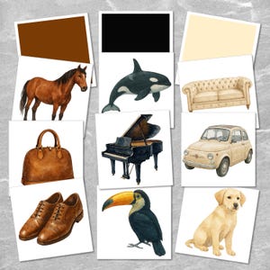 May include: A collage of nine images featuring various objects, including a brown horse, a black and white orca, a beige couch, a brown leather handbag, a black grand piano, a white Fiat car, a yellow toucan, a pair of brown leather shoes, and a yellow labrador retriever.