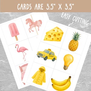 May include: A set of 10 printable cards featuring images of various objects in pink and yellow. The cards are 3.5 inches by 3.5 inches and are designed for easy cutting. The images include a popsicle, a carousel horse, a flamingo, a bed, a raincoat, a slice of cheese, a pineapple, a lightbulb, a taxi, and bananas.