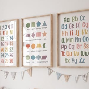 Kids Educational Wall Art Set – Alphabet, Shapes & Numbers Prints – Montessori Classroom Decor – Digital Download