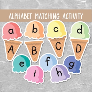 Actividad de emparejamiento de letras de helado – Juego de letras mayúsculas y minúsculas – Imprimible para preescolar – Reconocimiento del abecedario – Descarga instantánea