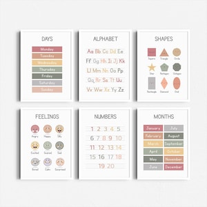 Educatieve posterset van 6 – alfabet, cijfers, dagen, maanden, gevoelens, vormen – muurkunst kleuterschool en klas – digitale download
