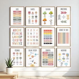 Educational Posters, 12 Homeschool Prints, Montessori Classroom Decor, Toddler Playroom, Boho Playroom Wall Art Print, Neutral Kids Nursery