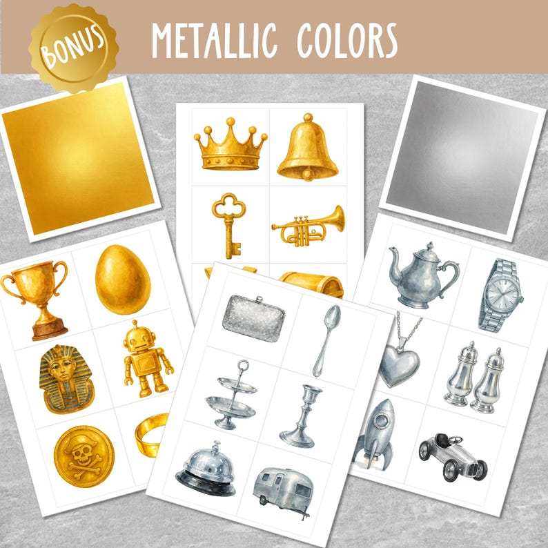 May include: A set of printable digital images featuring various objects in gold and silver metallic colors. The images include a crown, a bell, a key, a trumpet, a trophy, an egg, a robot, a pharaoh's head, a skull and crossbones, a ring, a purse, a spoon, a cake stand, a candlestick, a hotel bell, a camper, a teapot, a watch, a heart necklace, and salt and pepper shakers.