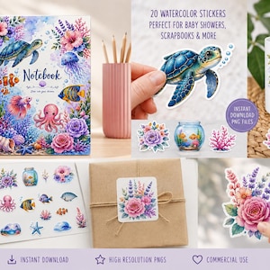 May include: A spiral-bound notebook featuring watercolor illustrations of sea turtles, jellyfish, an octopus, and tropical fish among coral and flowers. Includes a sheet of 20 matching stickers, a mug with sea life art, and a gift box with a floral sticker.