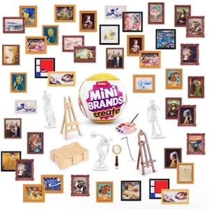 May include: A Zuru Mini Brands Create collection featuring a central yellow sphere with the text Mini Brands Create, surrounded by numerous miniature framed art prints, small white statues, wooden easels, a paint palette, and a magnifying glass.