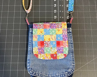 Crossbody Cellphone Purse - Recycled Denim and Patchwork