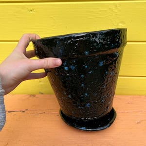 Puede incluir: Una maceta de cerámica negra con superficie texturizada y motas azules. La maceta tiene un platillo a juego. El fondo es una pared de madera amarilla.