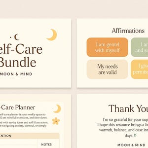May include: A digital self-care bundle with affirmations and a planner. The design features soft colors, botanical illustrations, and the text "Self-Care Bundle" and "Moon & Mind". Affirmations include "I am gentle with myself" and "My needs are valid".