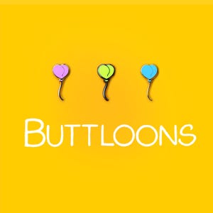 May include: Three colorful balloon pins in pink, green, and blue, each with a curved stem, are arranged above the word "BUTTLOONS" in white, all set against a bright yellow background.