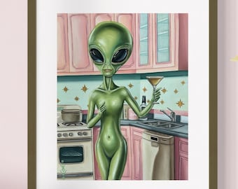 Art Print Alien with Martini Painting Original Artwork Home Decor Retro