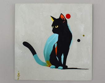 黒猫の絵画、猫アート、猫好きへのギフト、黒の抽象画