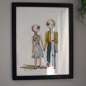 Surrealist Couple Watercolor Painting: Romantic Eye Art, Framed