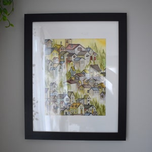 Folk Art Watercolor Painting: Mountain Village Illustration (Framed)