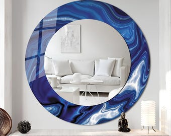 Espejo de pared redondo de cristal templado azul plateado de lujo – Decoración moderna para la pared del tocador del baño