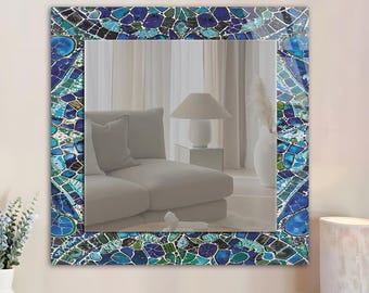 Blue Square Tempered Glass Wall Mirror: Mosaic Look, Living Room & Bathroom