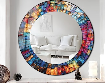 Espejo de pared redondo de cristal templado con diseño de vidrieras coloridas: aspecto de mosaico, ideal para sala de estar y baño.