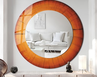 Colorful Wood Tree Style Round Mirror, Tempered Glass Wall Decor