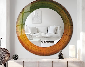 Espejo redondo colorido con diseño de árbol de madera, decoración de pared de vidrio templado