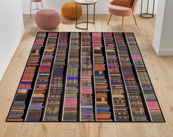 Tapis avec livres empilés, tapis de bibliothèque, chemin de bibliothèque, livre cadeau, tapis pour espace d'apprentissage, tapis étagères de bibliothèque, tapis à motif livres, cadeau pour amoureux des livres