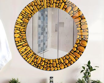 Espejo redondo templado con aspecto de mosaico de vidrio, arte abstracto vibrante, personalizable.