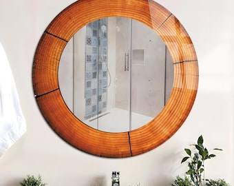 Colorful Wood Tree Style Round Mirror, Tempered Glass Wall Decor