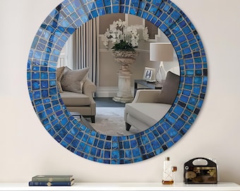丸型壁掛け鏡：モダンな円形バスルームミラー装飾、強化ガラスモザイクスタイル