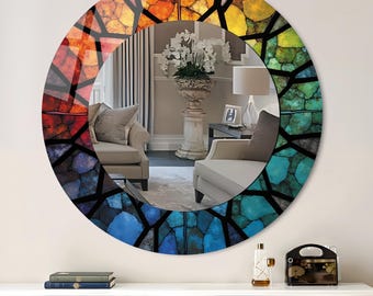 Espejo de pared redondo de cristal templado con diseño de vidrieras coloridas: aspecto de mosaico, ideal para sala de estar y baño.