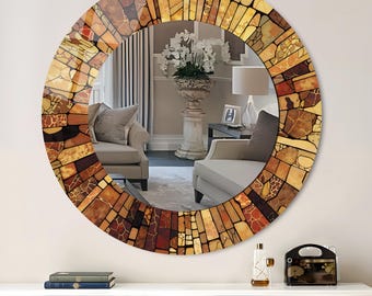 Fire Theme Stained Style Round Tempered Glass Wall Mirror: Mosaic Look, Living Room & Bathroom