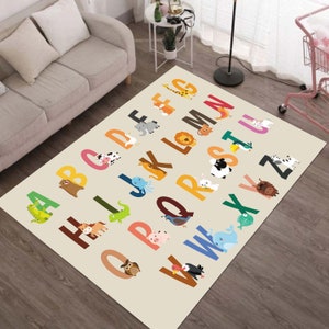 Lebender lernender Alphabet mit Tieren Bedruckter Kinderzimmer Teppich • ABC Tiere Rutschfester Waschbarer Teppich • Geschenk für Kinderzimmer
