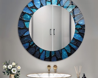 Miroir mural rond en verre trempé teinté bleu : aspect mosaïque, salon et salle de bain