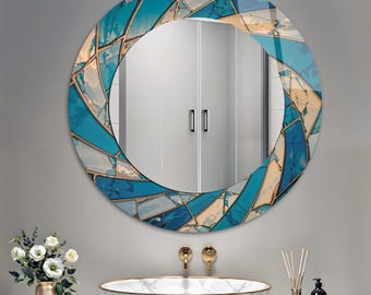 Blåfärgad rund väggspegel i härdat glas: Mosaik-look, vardagsrum och badrum