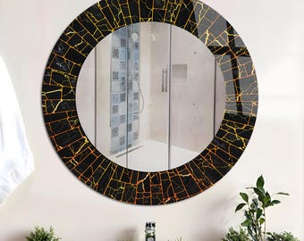 Okrągłe lustro ścienne ze szkła hartowanego w stylu mozaiki – czarno-złota luksusowa dekoracja toaletki