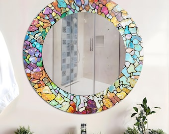 Espejo de pared redondo de cristal templado con diseño de vidrieras coloridas: aspecto de mosaico, ideal para sala de estar y baño.