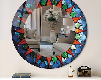 Colorful Stained Style Round Tempered Glass Wall Mirror: Mosaic Look, Living Room & Bathroom