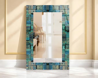 Teal Wood Blocks Tempered Glass Mirror, Luxury Home Decor, Hallway Entryway Mirror