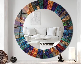 Specchio rotondo effetto vetro colorato, vivida arte astratta, personalizzabile