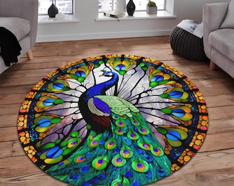 Peacock Rug, Peacock Patterned Rug, Round Peacock Rug, Peacock Feather Rug, Round Area Rug, Animal Decor Rug, For Living Room Rug,Peacock