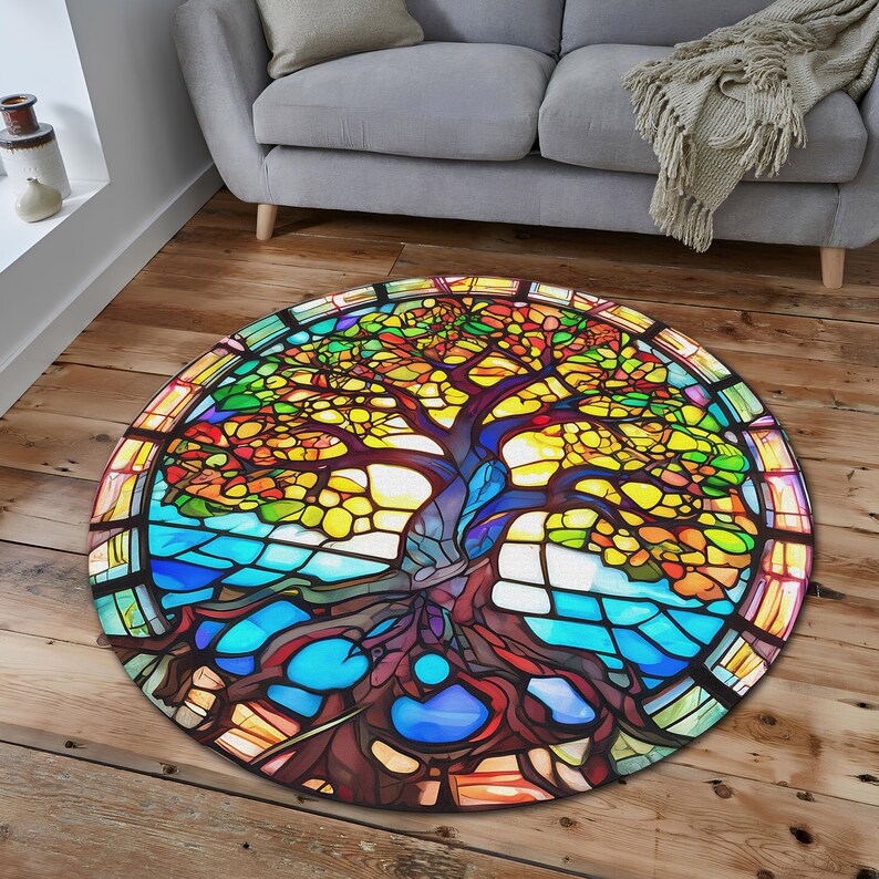 Stained Glass Rug Design Enchanted Tree of Life Stained Glass Chenille Rug, Harmonious Nature ...