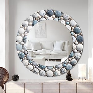 円形壁掛けミラー：モダンな円形バスルームミラー装飾、強化ガラスストーンパターン