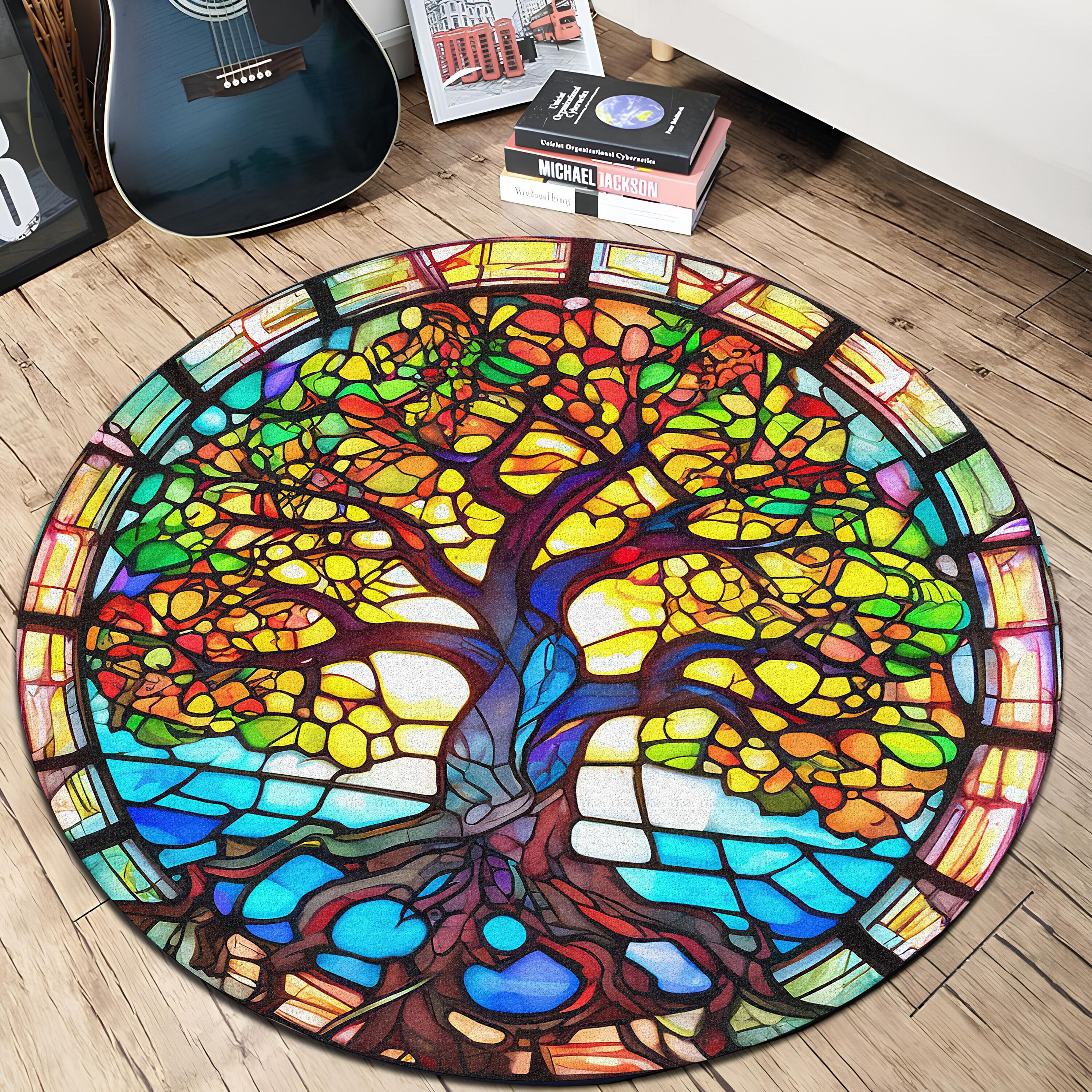 Stained Glass Rug Design Enchanted Tree of Life Stained Glass Chenille Rug, Harmonious Nature ...