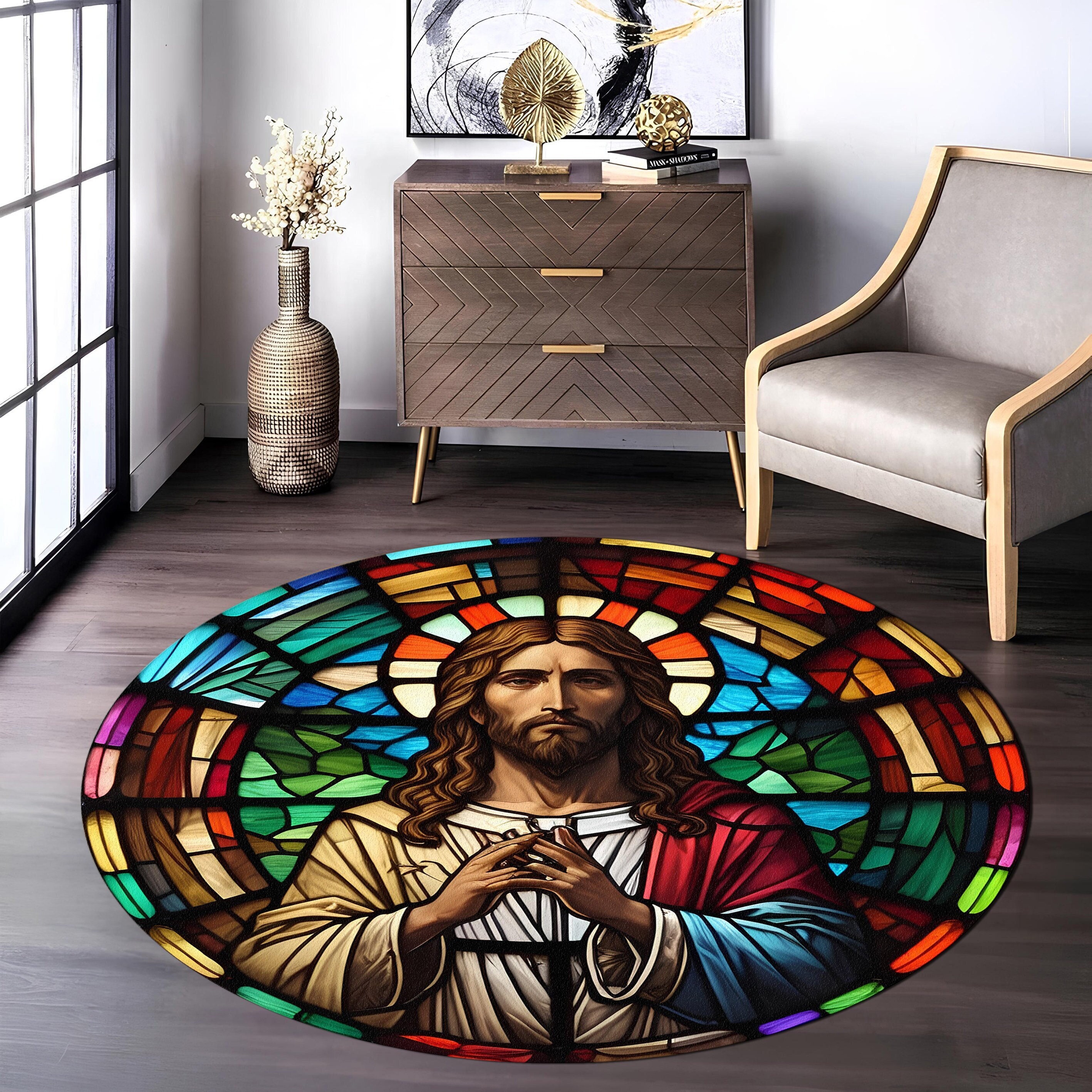 Jesus Rug, Round Rug, Christian Rug, Messiah Rug, Religious Rug, Gift