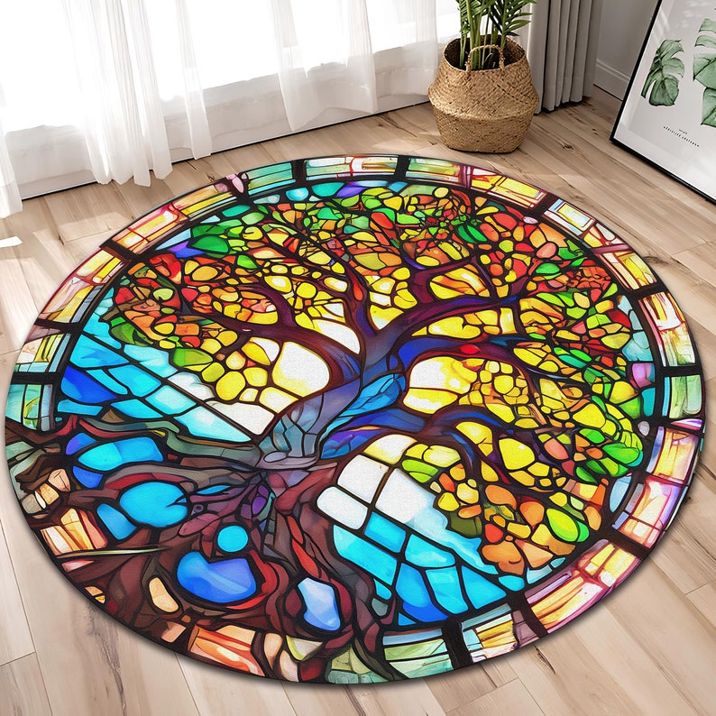 Stained Glass Rug Design Enchanted Tree of Life Stained Glass Chenille Rug, Harmonious Nature ...