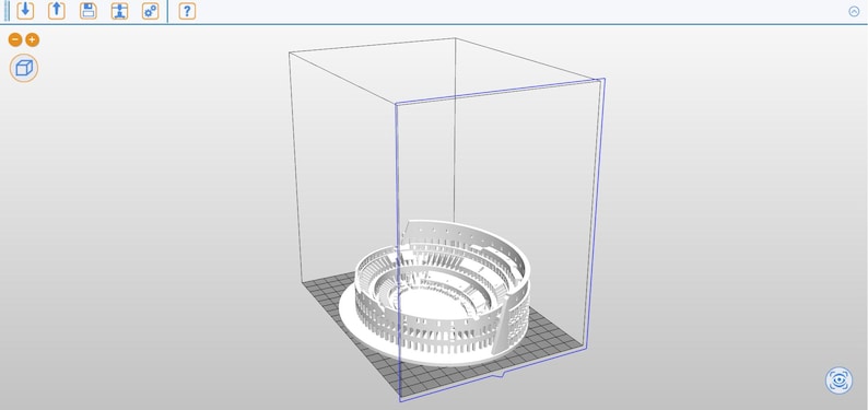May include: A 3D-printed model of the Colosseum, a famous Roman amphitheater. The white structure is partially enclosed within a transparent box, showcasing the architectural details of the ancient landmark. The model sits on a gray surface.