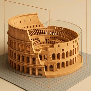 May include: A detailed model of the Colosseum, presented within a clear, geometric display case. The model is a light tan color, showcasing the architectural details of the ancient Roman amphitheater. It sits on a gray, grid-patterned surface.