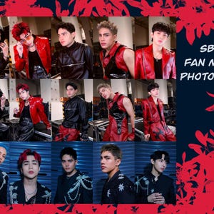 May include: Fan-made photocard featuring a collage of images of a musical group. The images show the group members in various outfits, including leather jackets and vests, with red and black color schemes. The text "SB19 FAN MADE PHOTOCARD" is visible.