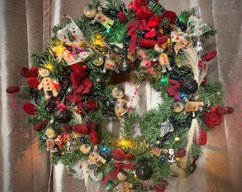 Krampus Holiday Krampusnacht  Gingerbread Christmas Wreath – 18” – Plug-In Multicolor Lights – Gothic Holiday Decor
