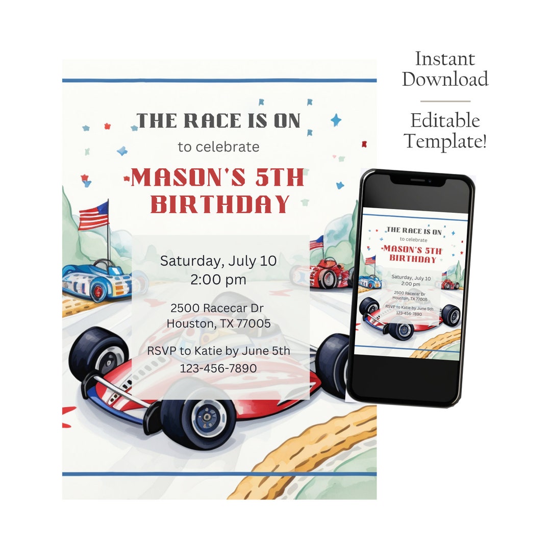 Editable Race Car Theme Birthday Invitation Boys Birthday Etsy