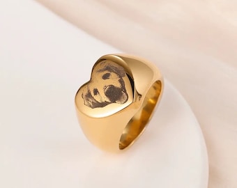 Custom Heart Pet Portrait Ring, Dog Cat Memorial Jewelry