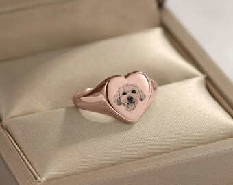 Personalized Heart Pet Portrait Ring - Custom Dog Mom Gift - Cat Memorial Jewelry for Her